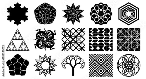 Geometric fractal shapes and sacred geometry symbols, set of 15 black vector icons, mathematical patterns and abstract symmetry elements for design