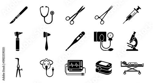 Medical equipment icon set, 15 black silhouette surgical and diagnostic tool vectors, healthcare hospital instrument collection for clinical design
