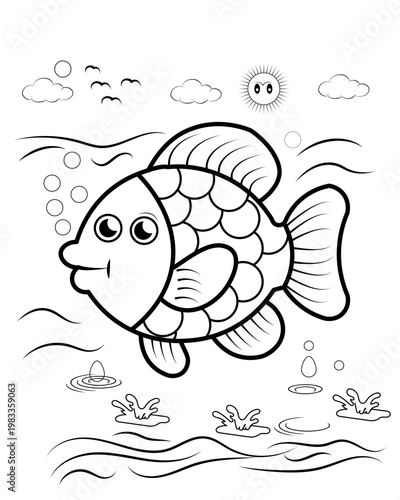 Cute Fish swimming in sea Coloring Page for Kids