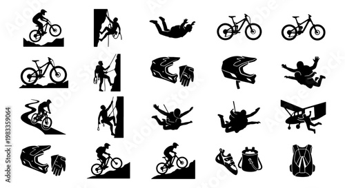 Extreme sports silhouette icons, mountain biking and rock climbing vector set, skydiving and paragliding adventure graphics, 20 black minimalist symbols