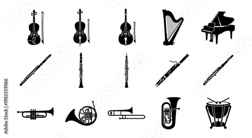 Classical musical instruments icon set, 15 black symphony orchestra vector elements, professional acoustic music equipment silhouettes on white