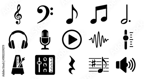 Minimalist music icons set, black musical notes and audio equipment symbols, 15 vector elements for sound production and podcasting apps
