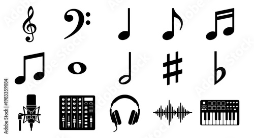 Music notes and audio production icons set, black musical symbols and studio equipment vector, 15 elements for sound design and podcasting