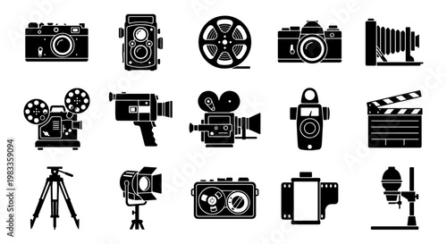 Vintage camera and cinema equipment icons, set of 15 black silhouette film photography symbols, retro movie production and studio gear vector