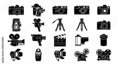 Vintage photography and cinematography equipment icons, 20 black silhouette vector elements, retro film cameras and movie production gear