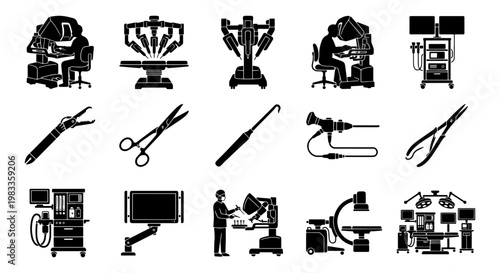 Robotic surgery icons set, 15 black vector silhouettes of medical technology, surgical robot equipment and operating room tools for healthcare