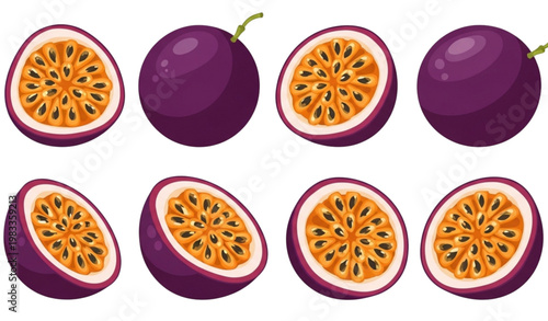 Vector Set of Passion Fruits, Whole and Sliced, for Tropical, Exotic Food, and Healthy Lifestyle Designs