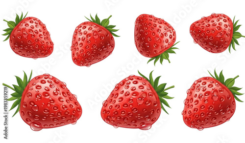 Vector Set of Fresh, Juicy Strawberries with Green Tops for Healthy Food, Organic, and Seasonal Designs