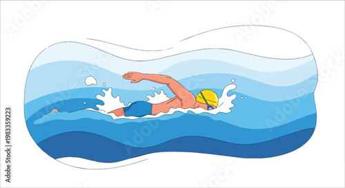 Illustration of a swimmer doing the front crawl stroke in blue water