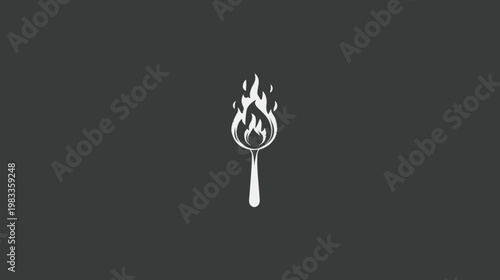 Minimalist white spoon with flames graphic illustration on dark grey background. Abstract burning kitchen utensil icon.