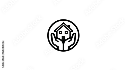 Home Care Protection Icon: House Symbolically Held in Human Hands within a Circle, Ideal for Real Estate, Insurance, and Security