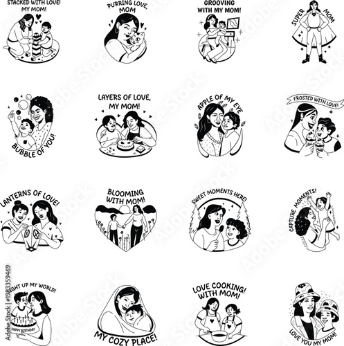Collection of Glyph Style Mother Day Stickers 