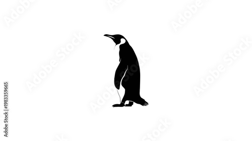 Black and white silhouette of a standing penguin illustration, side view, isolated on a clean white background, wildlife graphic.