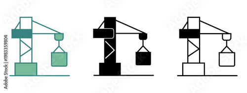 Construction Tower Crane Icon Set. style silhouette, line art , two tone icon