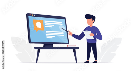 Professional Presenter Explaining Digital Content on Computer Screen