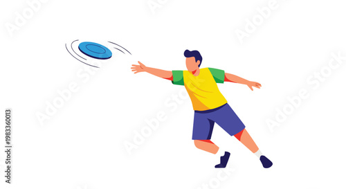 Young man throwing a flying disc in a flat vector illustration style
