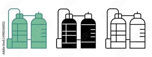 Industrial Gas Cylinder Icon Set. 3 style silhouette, line art , two tone icon