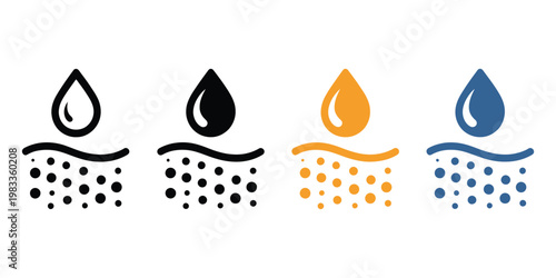 Water absorbent vector set, skin hydration and moisture absorption icons showing liquid uptake symbols in modern line and flat style