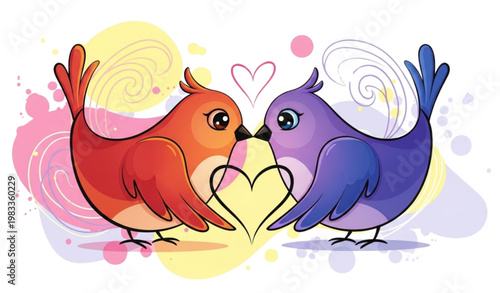Vector Illustration of Two Colorful Love Birds with Heart for Valentine's Day, Romance, and Love Themes