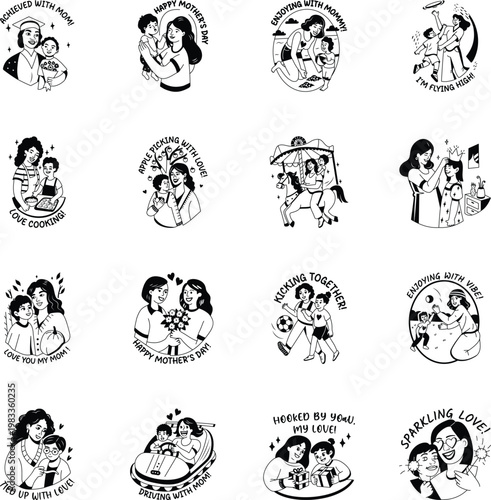 WebSet of Glyph Style Mom and Child Stickers 
