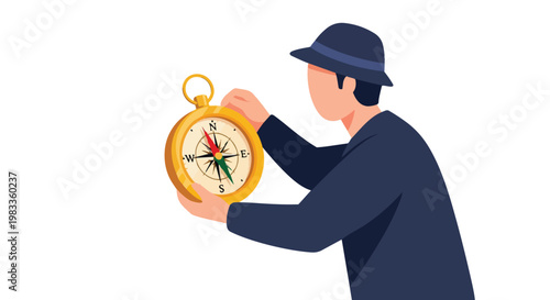 A man in a hat holding a vintage compass for navigation and exploration