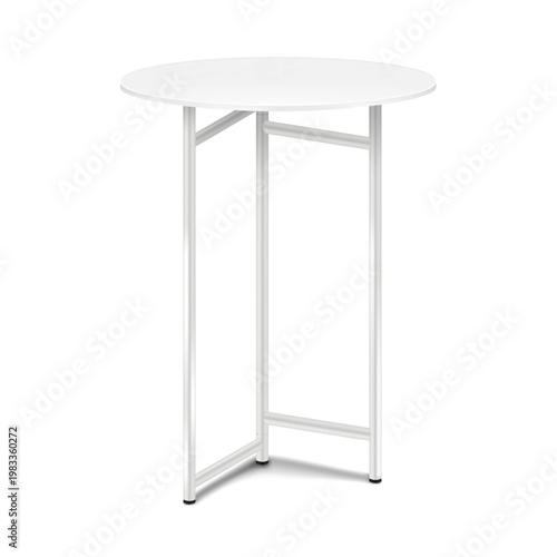 White blank round tabletop tall cocktail table with metal legs. Realistic vector mockup. Retail product display counter stand. 3d mock-up. Easy editable template for design