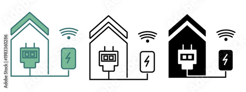 Smart Home Energy Charging Icon Set. 3 style silhouette, line art , two tone icon