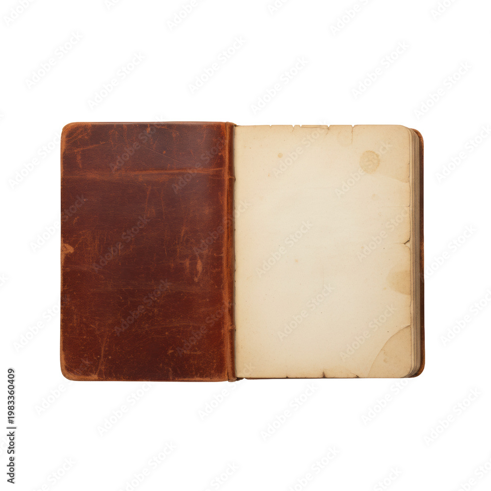 Fototapeta premium Antique open leather-bound journal with distressed mahogany cover and frayed parchment pages on a transparent surface, nostalgic rustic elegance atmosphere