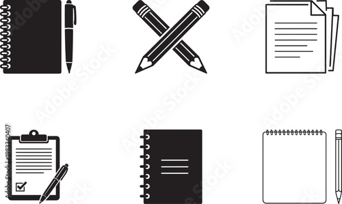 Set of Six Notebook and Stationery Silhouette Icons Collection, Spiral Notebook, Crossed Pencils, Document, Clipboard, Diary and Notepad Black Vector