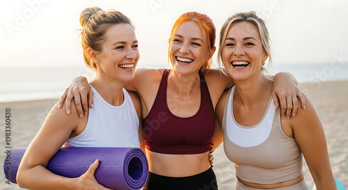 Three women in sports bras smiling and embracing on a beach