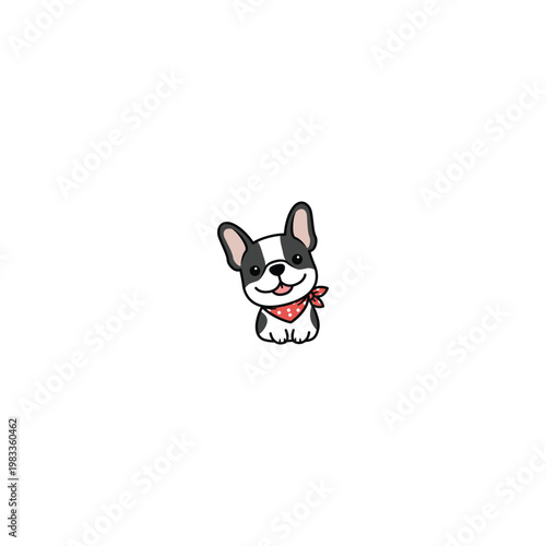 Cute kawaii french bulldog with a scarf sitting cartoon, vector illustration