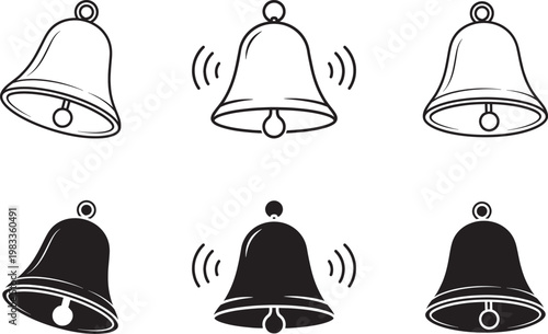 Set of Six Ringing and Silent Bell Icons Collection, Outline and Silhouette Notification Alert Bell Black Vector