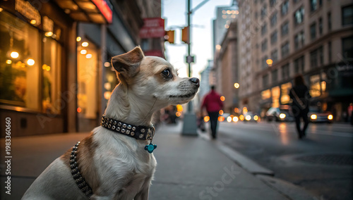 A small dog wearing a collar and leash on a city sidewalk