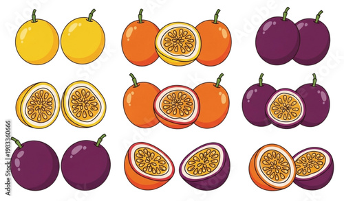 Vector Set of Whole and Sliced Passion Fruits in Yellow, Orange, and Purple for Tropical and Healthy Food Designs