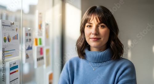 A young woman in a blue sweater standing in a modern office space