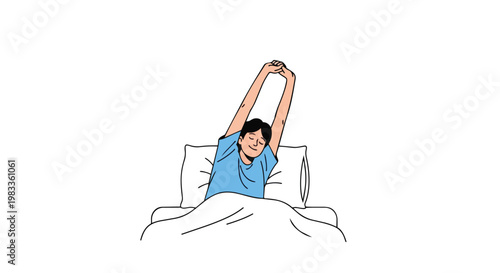 Young man waking up and stretching in bed in the morning