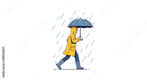 Person in Yellow Raincoat Walking with Umbrella in Heavy Rain