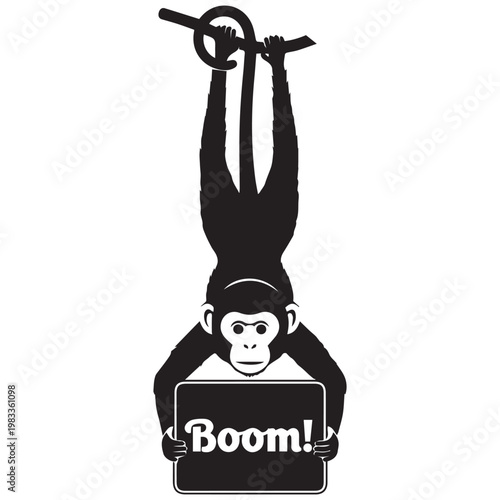 Monkey holding laptop, upside down monkey, tech mascot, Boom! expression, black vector icon