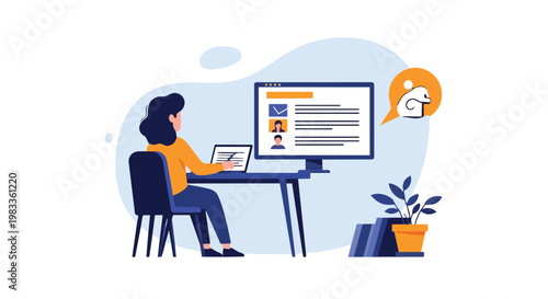 Woman working on computer in modern office with digital interface