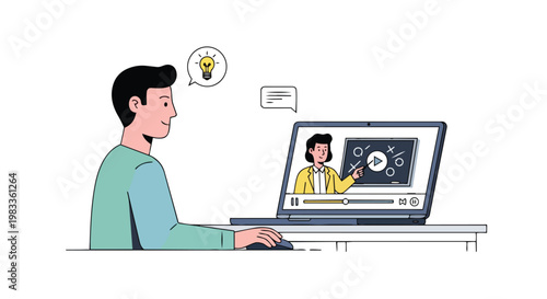 Man Studying Online with Educational Video Tutorial on Laptop