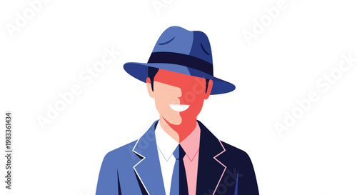 Stylized illustration of a mysterious man in a fedora hat and suit