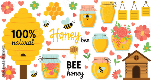 Set of colorful sweet cotton candy on wooden sticks including pink blue and white clouds flat vector illustration.