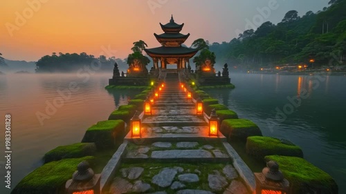 Serene balinese temple on a misty lake at sunset with glowing lanterns along a stone path