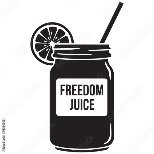 Black and white vector illustration of a mason jar with straw, orange slice, and 'Freedom Juice' label, drink and beverage icon