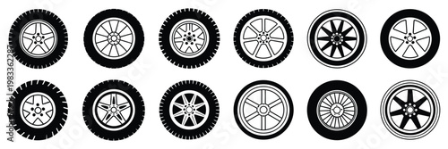 Wheel rim illustrations black and white tire designs, clean monochrome vector pack featuring detailed rim patterns, tire outlines
