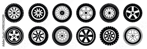 Wheel rim illustrations black and white tire design set, automotive and transport vector collection in modern line style, representing car wheels, rim structures