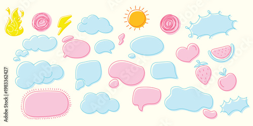 A vibrant collection of sketchy elements including talk bubbles, clouds, sun, heart, strawberry, and flame icons in soft pink and blue tones for social media, stickers, and scrapbooking.