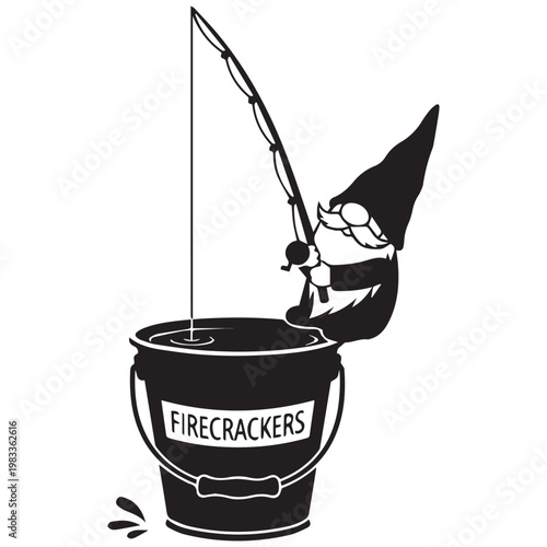 Black and white gnome fishing, firecrackers bucket, whimsical vector illustration, fantasy creature, humorous scene