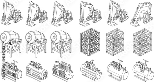 Industrial construction machinery line icons set featuring excavators, concrete mixers, compressors, and metal structures in detailed engineering outline style