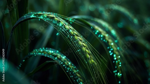 Wallpaper Mural Neon Lines Highlighting Moist Wheat Leaves in a Lush Agricultural Field Torontodigital.ca